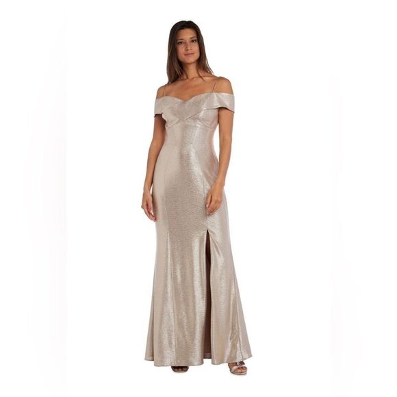Nightway Cold-Shoulder Foil Gown -
Champagne/Gold size 12 women’s dress, gown - Picture 1 of 14